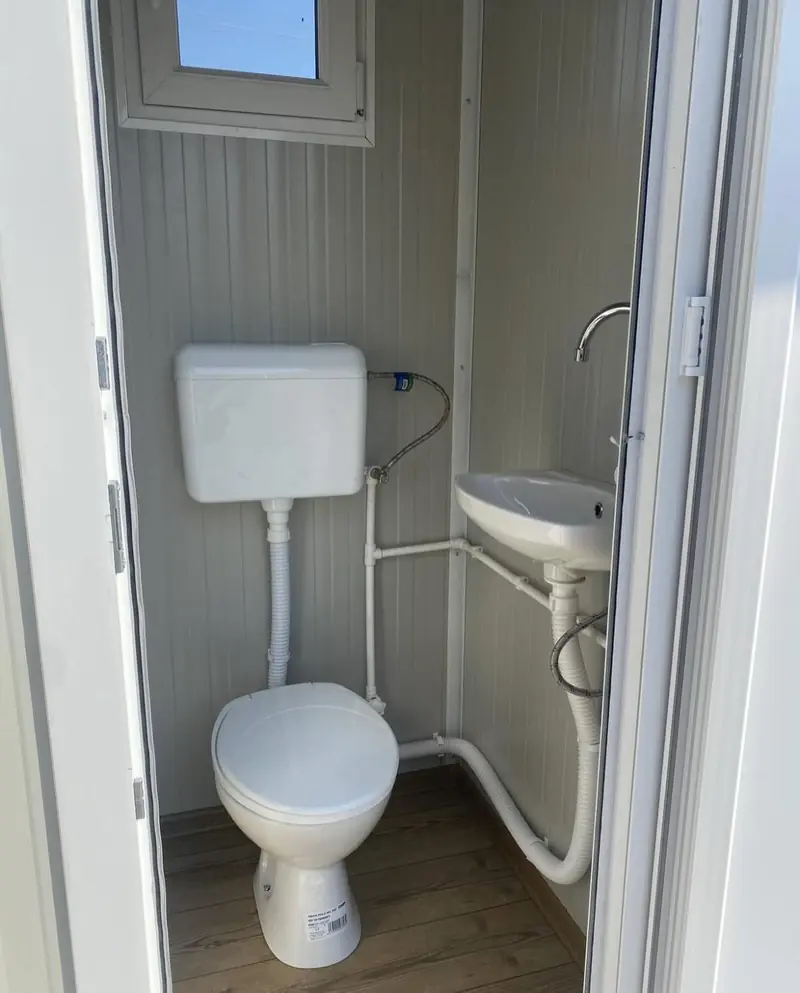 Inside a flushing restroom cabin with toilet and sink
