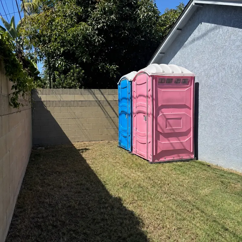 Pink and blue porta potties on a backyard lawn for a party
