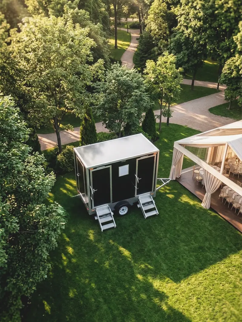 Restroom trailer near a garden wedding seen from above