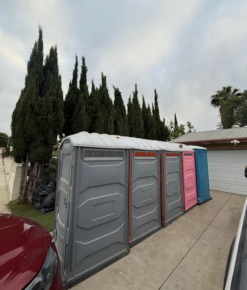 Row of porta potties along a driveway