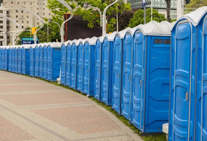 a row of portable restrooms at a fairground, offering visitors a clean and hassle-free experience in pottstown